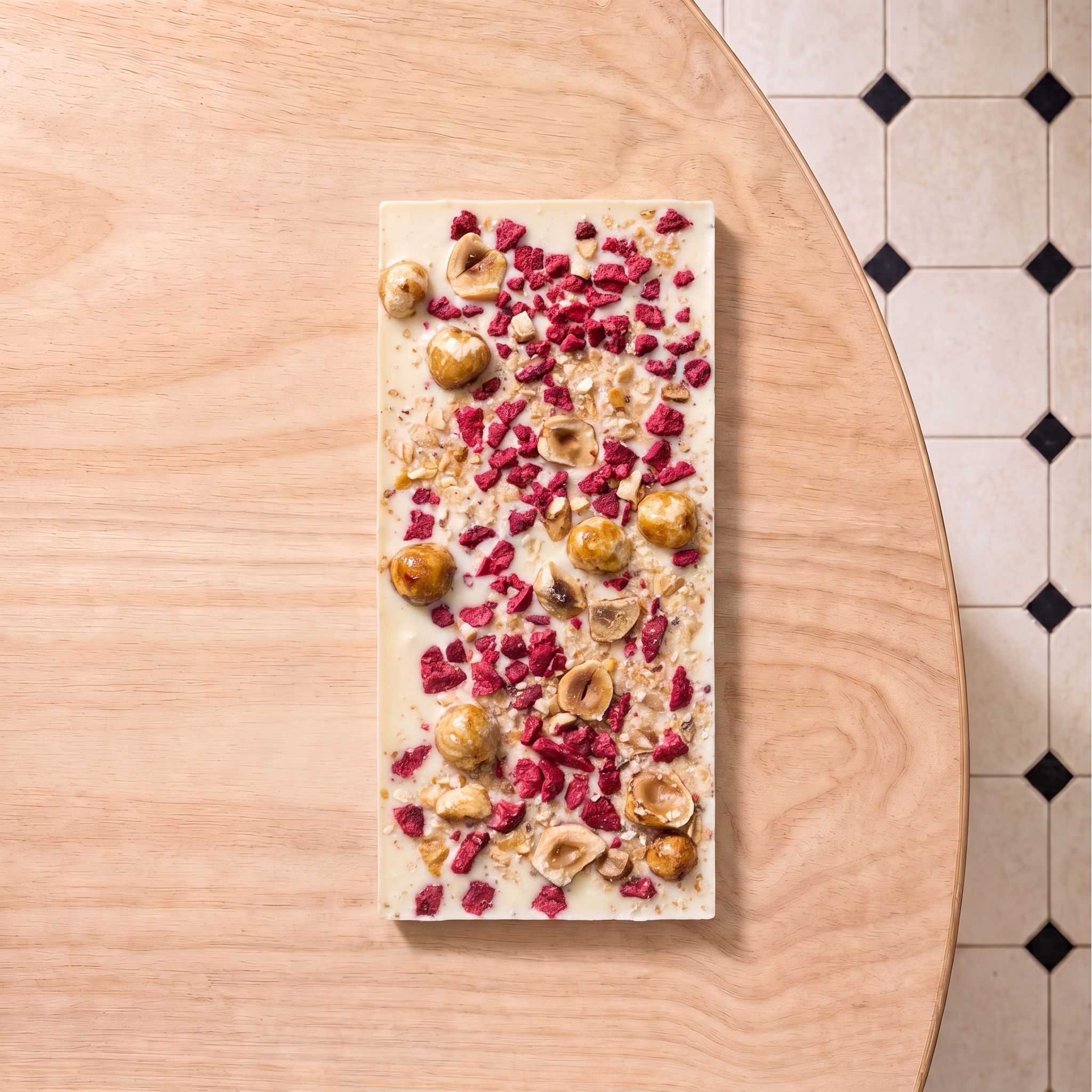Vegan White Chocolate Roasted Coconut, Caramelized Hazelnut & Raspberry